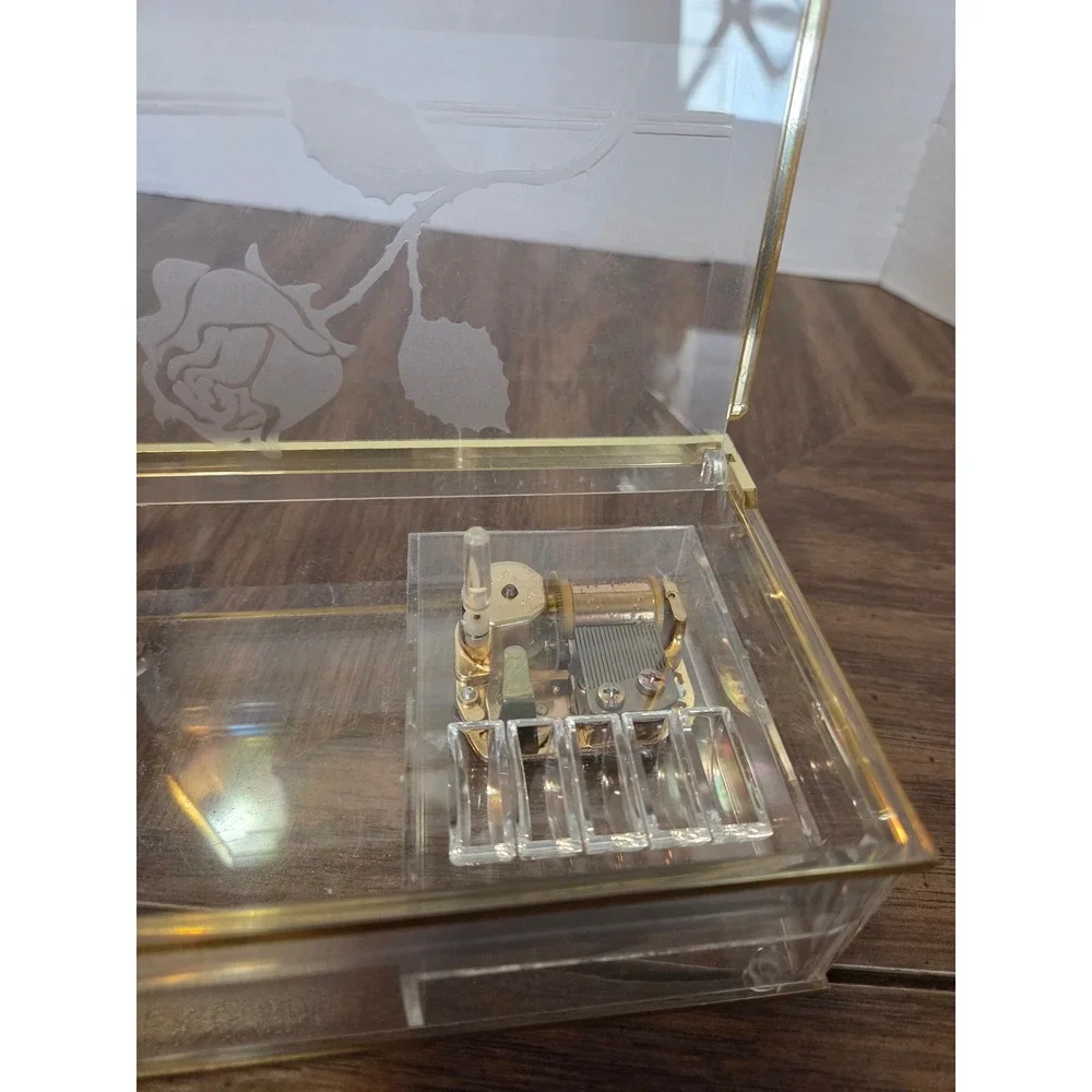 Vintage Clear Acrylic Music Jewelry Box Etched Rose Gold Tone Trim 6in